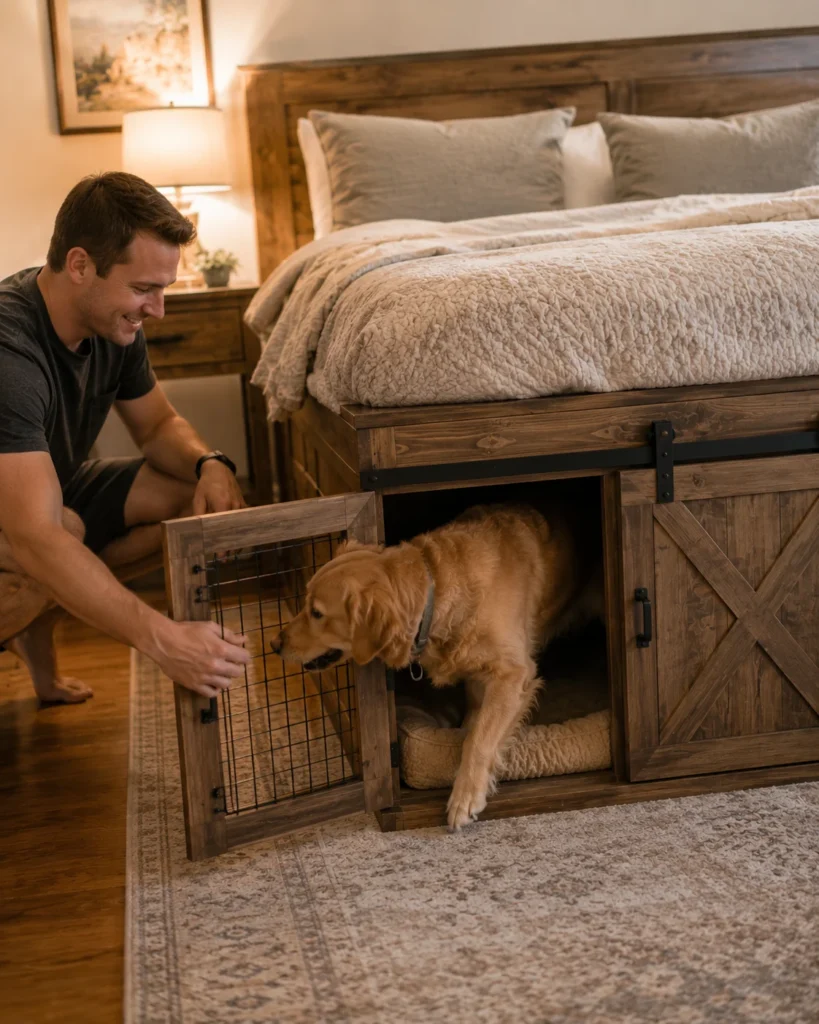 Custom-built dog kennel bed shown in a finished reveal