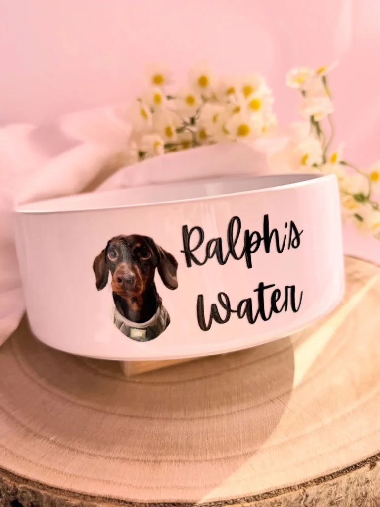 Custom photo-print dog water bowl, a sentimental dog water bowl idea