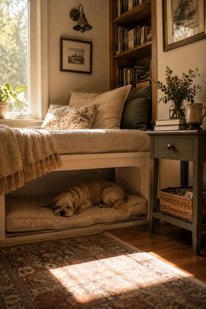 Daybed with a dog sleeping area in afternoon sunlight