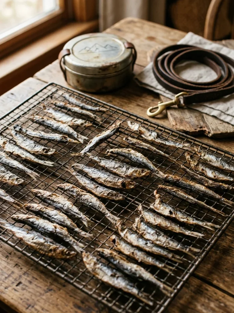 Dehydrated sardine jerky strips for dogs on a rack