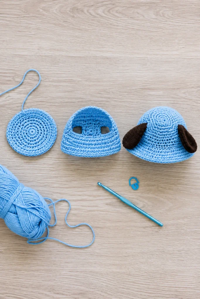 Dog bucket hat crochet pattern construction stages