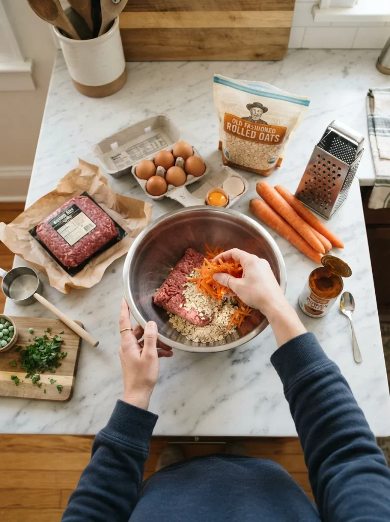 Prepping ingredients before making a healthy homemade dog meatloaf