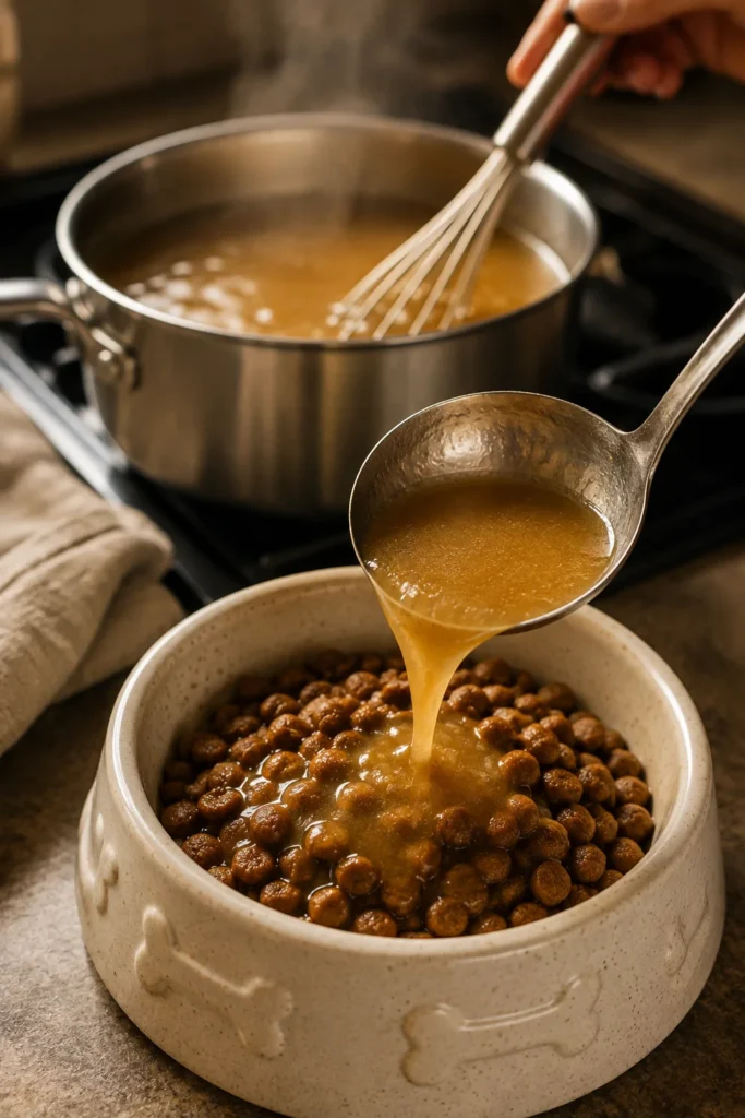 Warm bone broth gravy poured over dog food as a topper