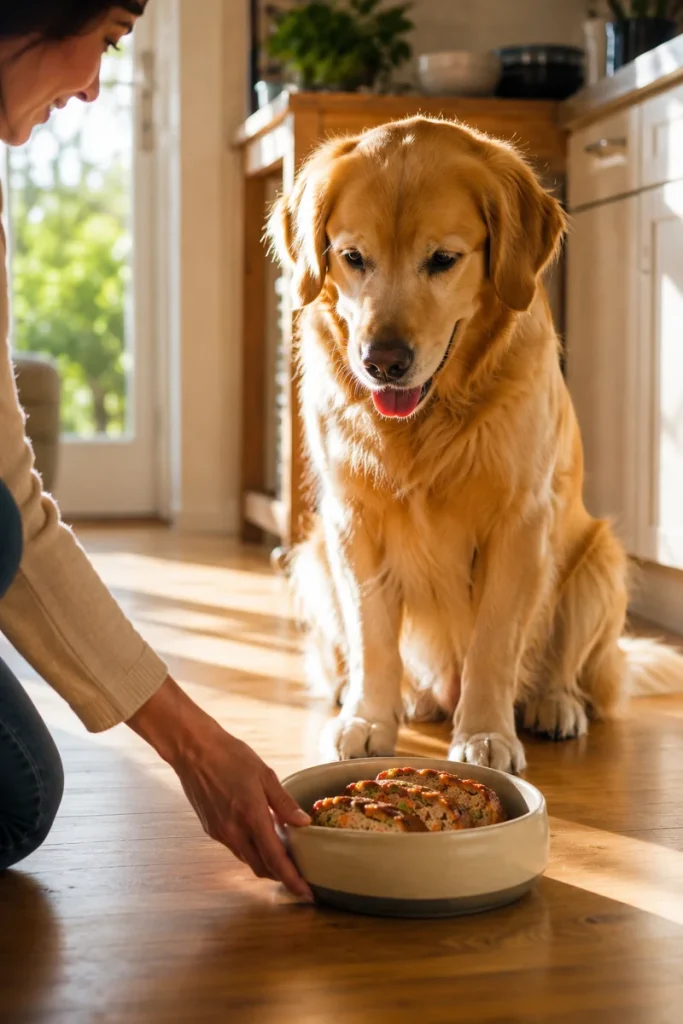 Owner feeding a healthy homemade dog meatloaf to their dog