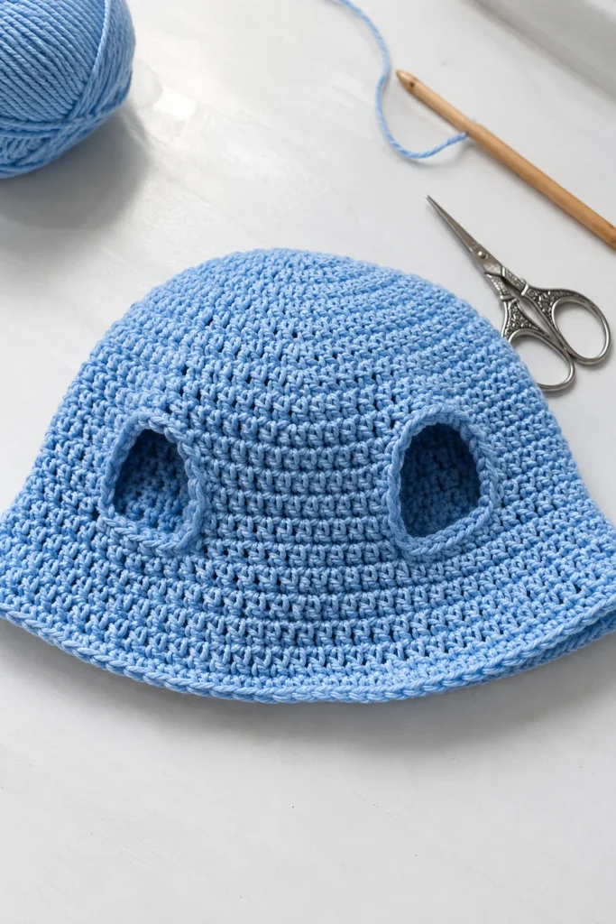 Ear hole construction on a dog bucket hat crochet pattern