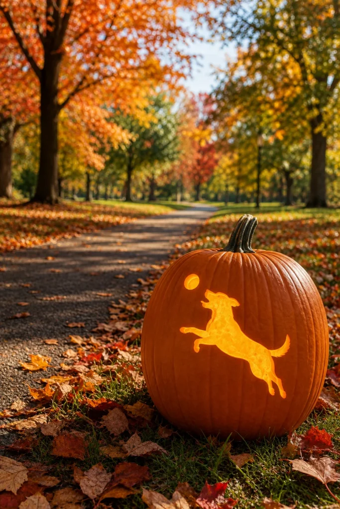 Fetching dog pumpkin carving with ball silhouette