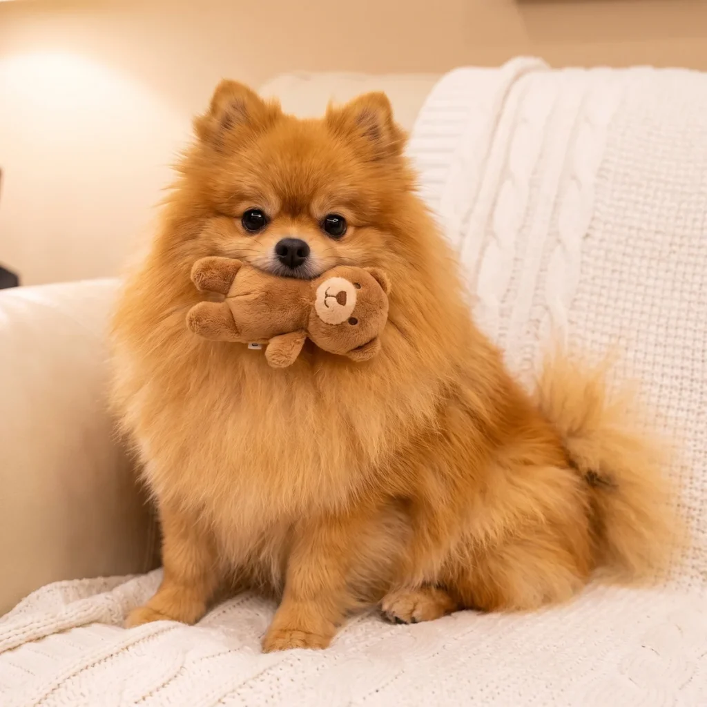 Fox red Pomeranian with fluffy teddy bear haircut holding toy