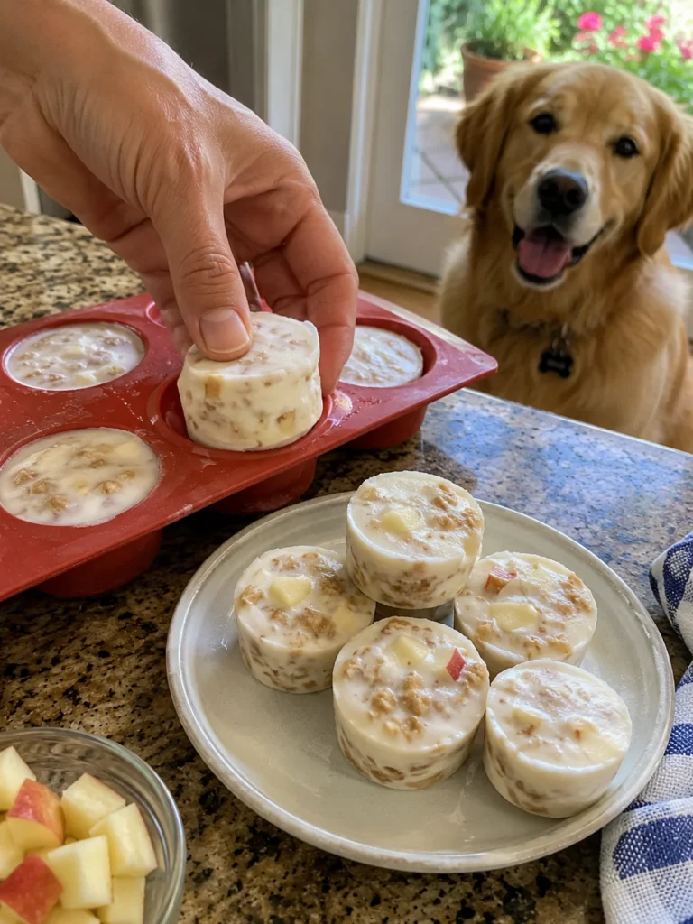 Frozen no-bake Apple Crunch Pupcakes in silicone molds