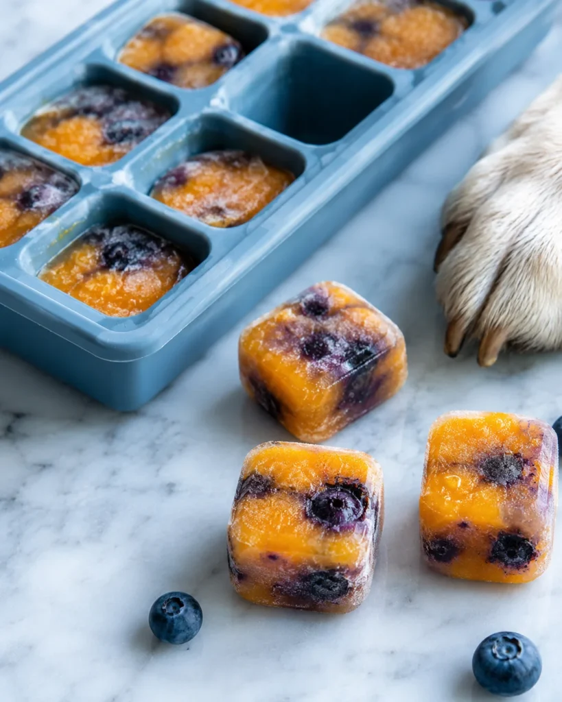 Frozen dog food topper cubes made with pumpkin banana and blueberries