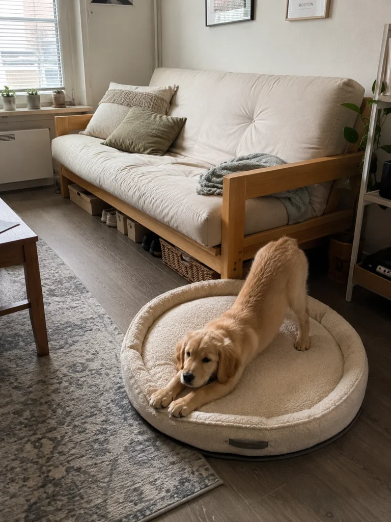 Futon frame with a removable dog sleeping cushion
