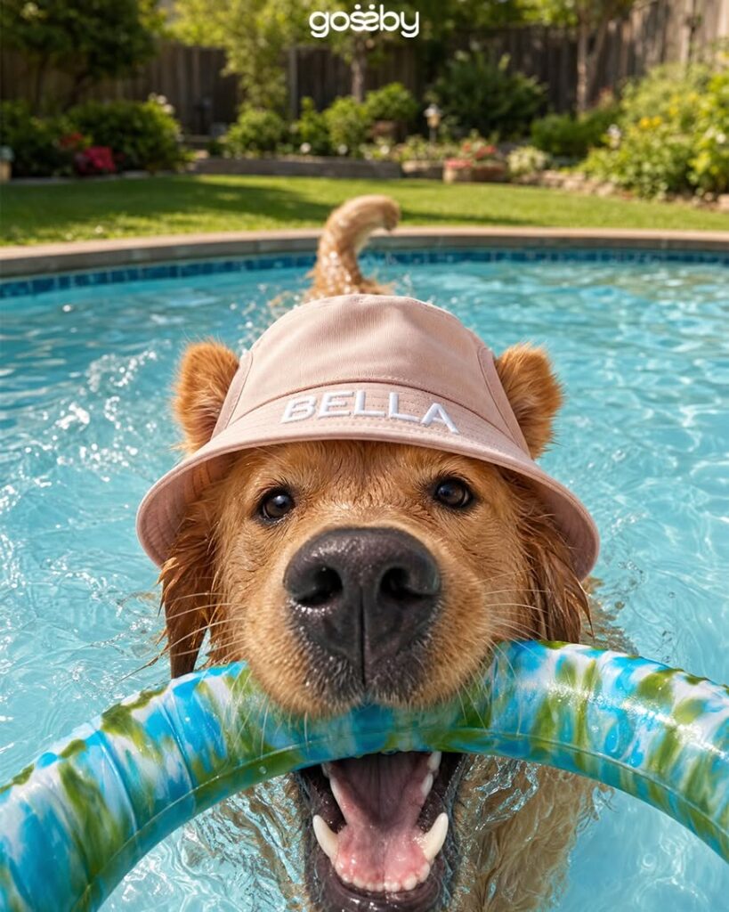 Adorable Dog Hat Ideas: Golden Retriever in a personalized bear ear bucket hat