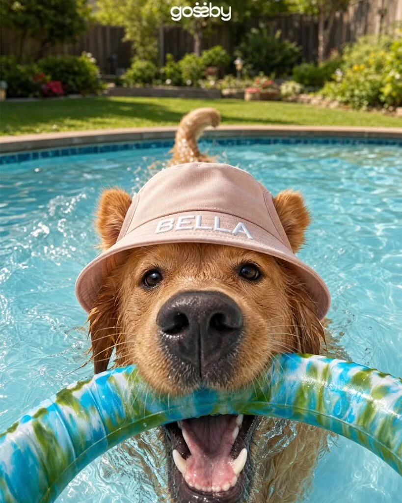 Adorable Dog Hat Ideas: Golden Retriever in a personalized bear ear bucket hat