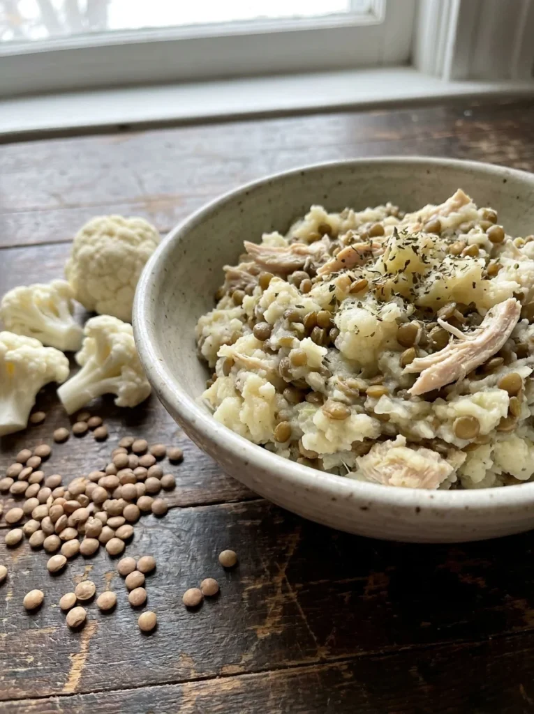 Grain free dog food topper made with cauliflower and lentils