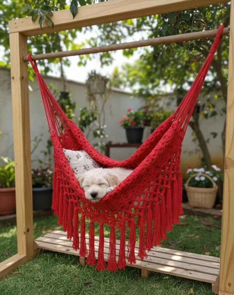 DIY crochet dog beds in a hanging hammock style with fringe