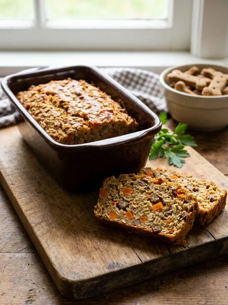 Freshly baked healthy homemade dog meatloaf sliced in a loaf pan
