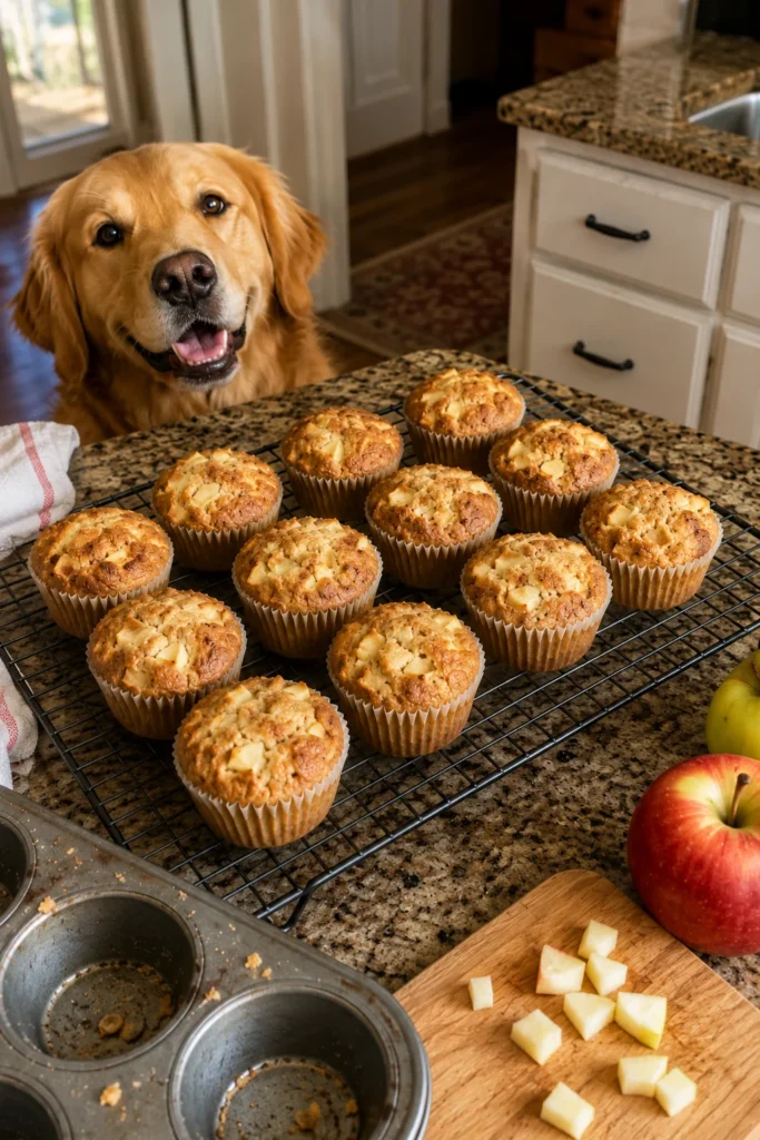 Apple Crunch Pupcakes cooling on a wire rack in a home kitchen