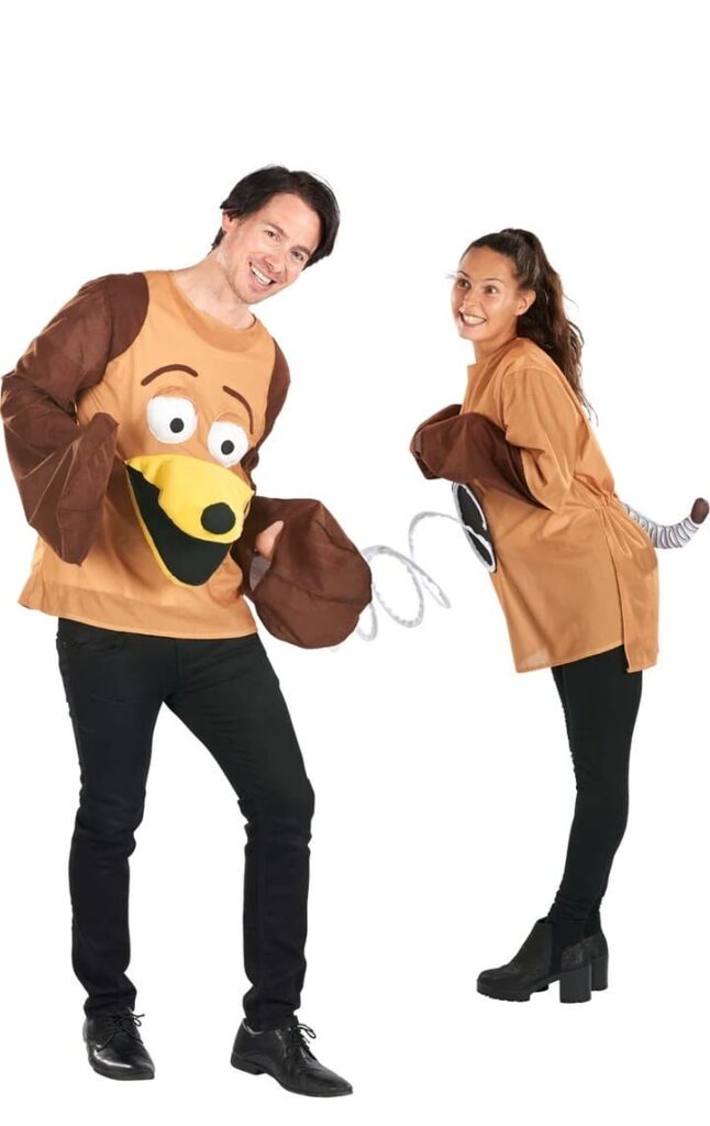 Adult couple wearing Slinky Dog costume DIY for Halloween