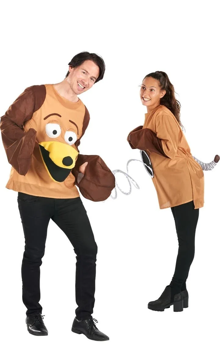 Adult couple wearing Slinky Dog costume DIY for Halloween