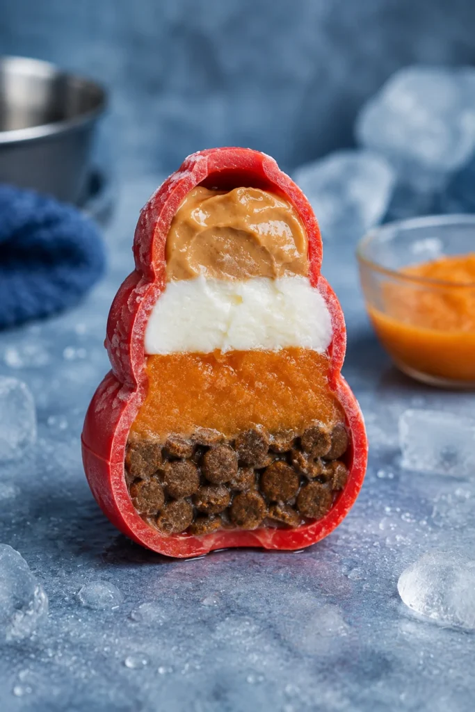 Layered frozen Kong filling ideas for dogs popsicle style