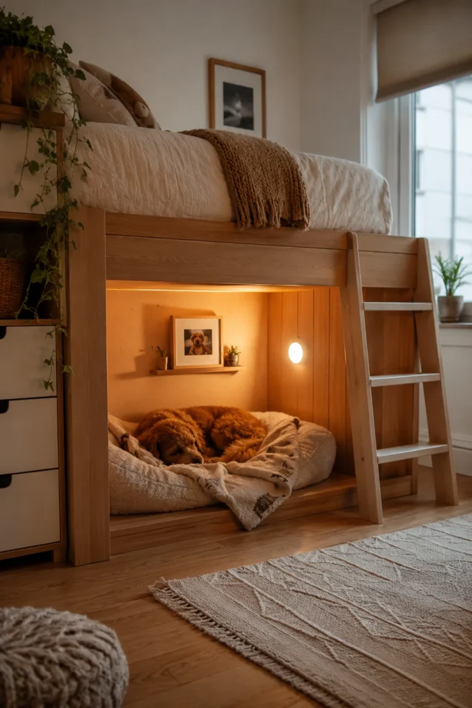 Loft bed with dog bed underneath tucked into a cozy nook