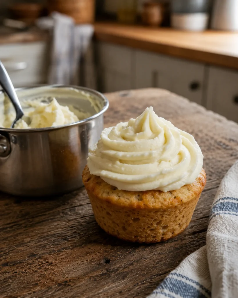 Mashed potato yogurt frosting piped on a pupcake