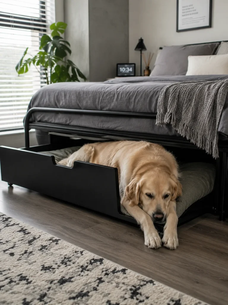 Metal bed frame with a dog drawer on a lazy weekend