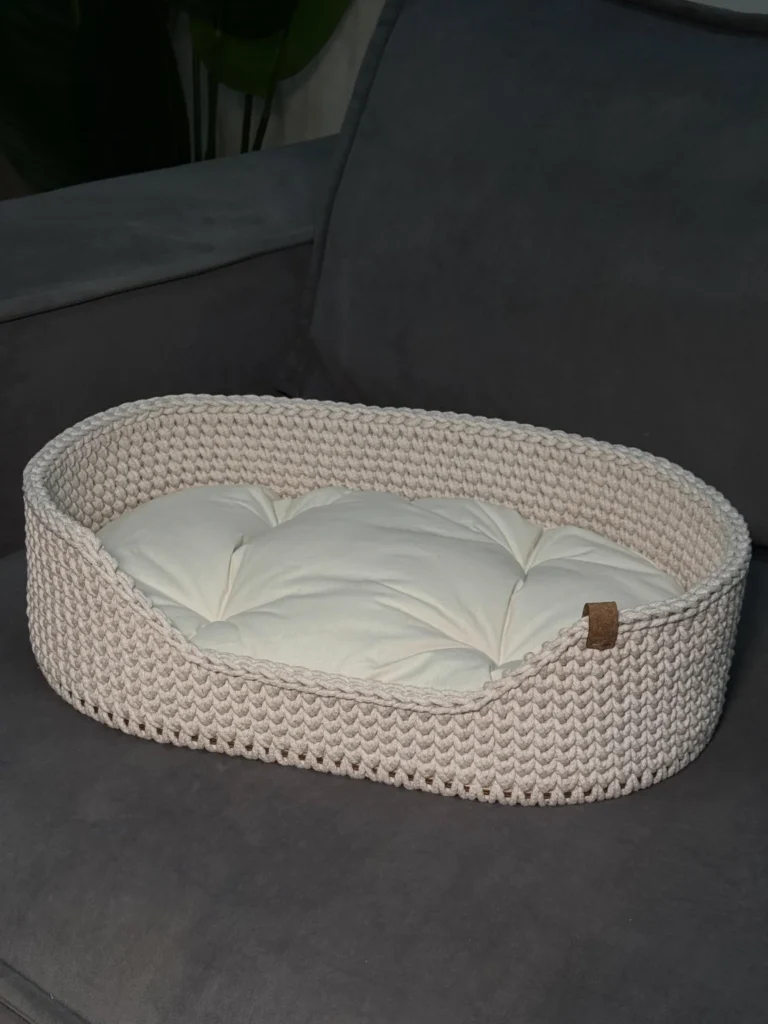 DIY crochet dog beds in a minimalist neutral basket design