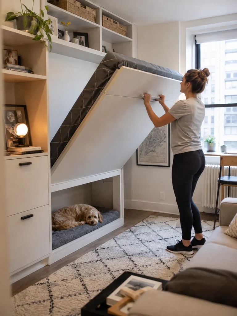 Murphy bed with a dog nook in a small apartment