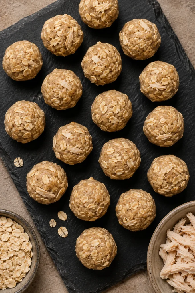 Rolled no-bake calming dog treats for anxious dogs on a tray