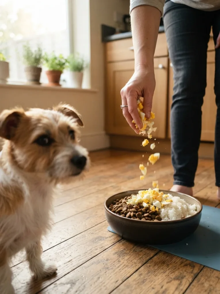 No-cook hard-boiled egg rice topper for dogs