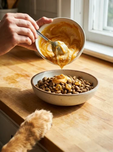 Homemade pumpkin and yogurt topper mixed in a bowl for dogs
