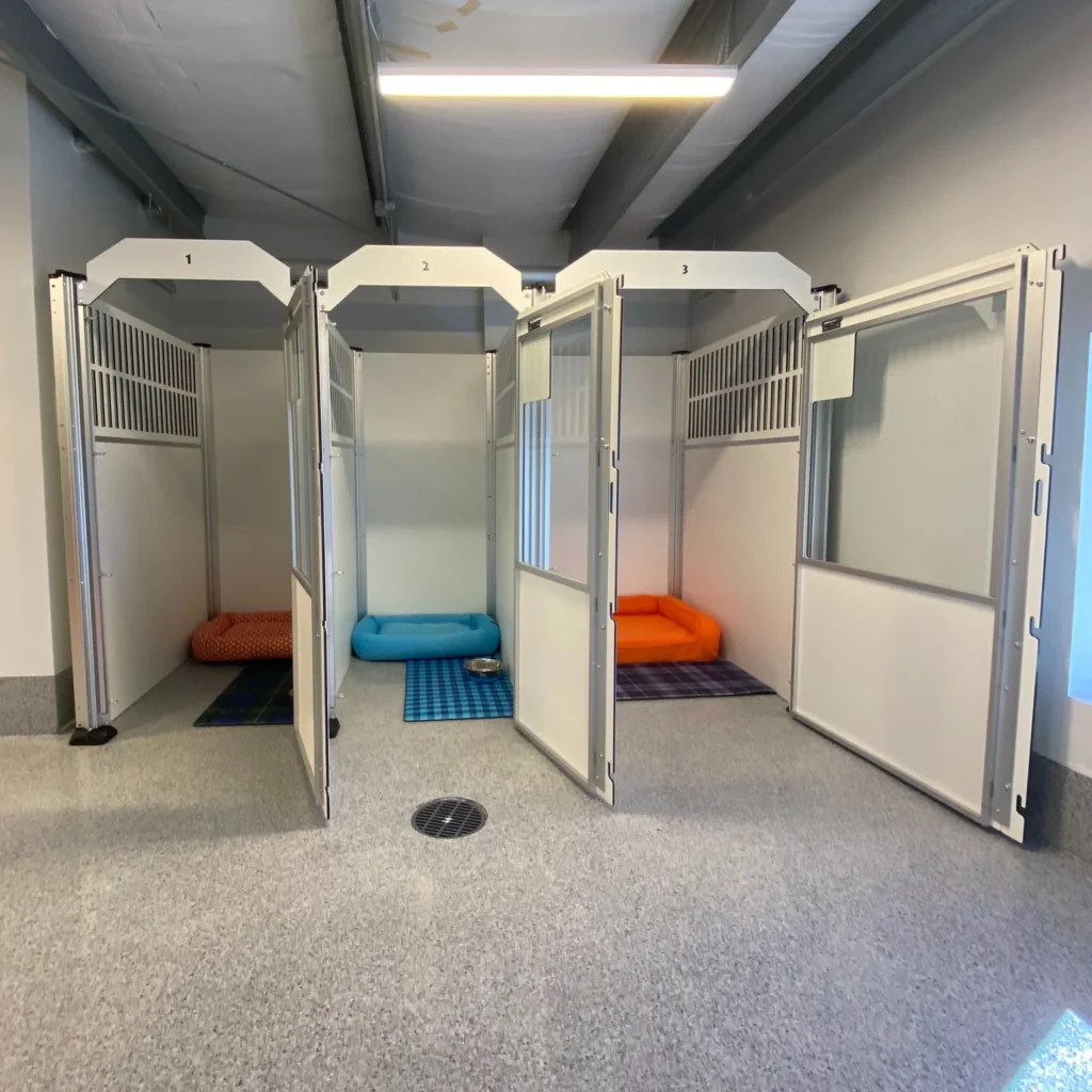 Open numbered rooms showing colorful beds, a dog hotel rooms design