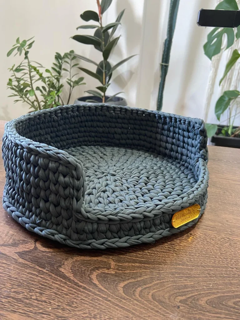 Sculptural oval crochet dog bed made with t-shirt yarn
