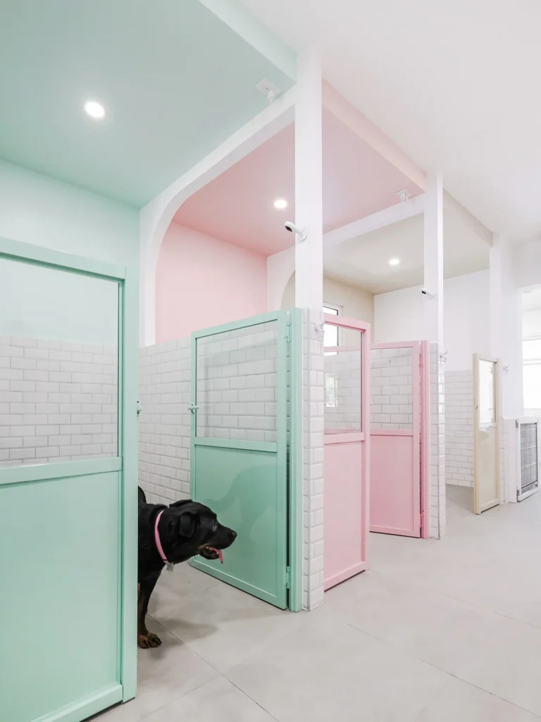Pastel dutch-door suites with mint and pink tiled walls