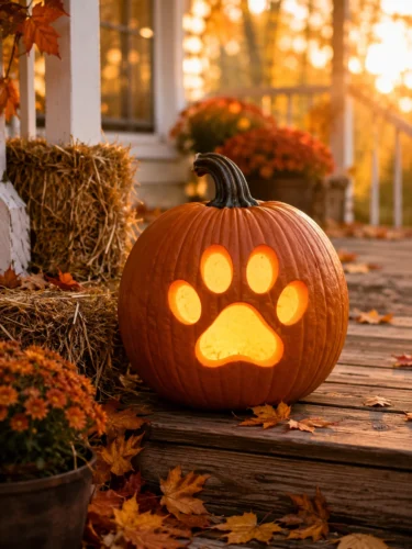 Paw print pumpkin carving idea for dogs on a porch
