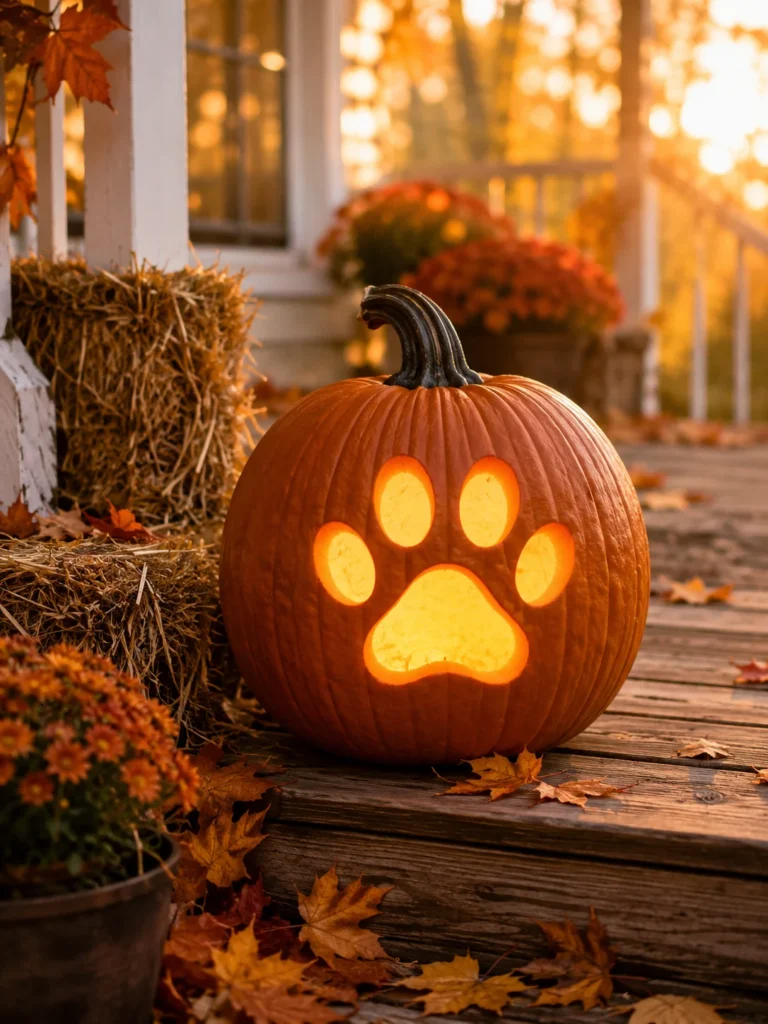 Paw print pumpkin carving idea for dogs on a porch