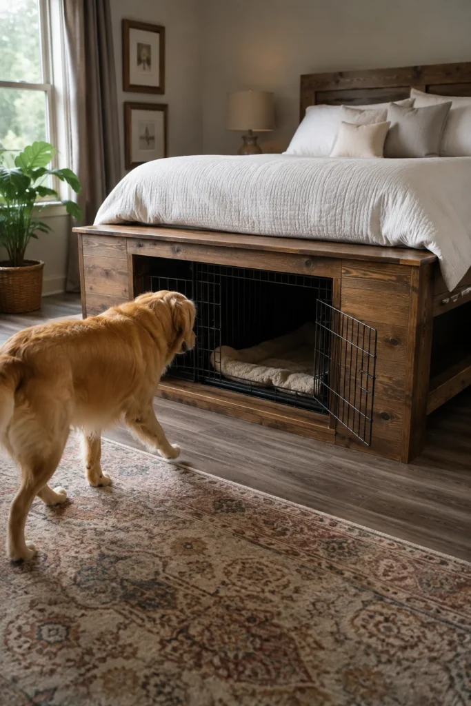 Platform bed with dog crate access underneath