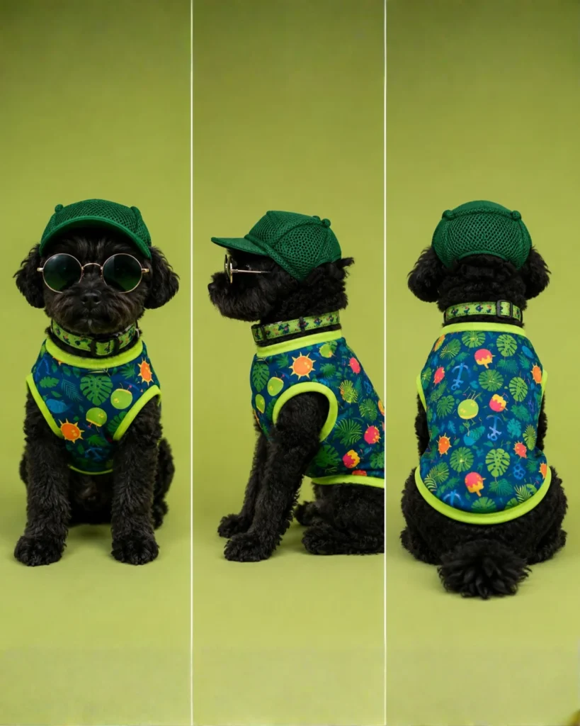 Poodle mix wearing a green mesh cap with sunglasses and matching outfit