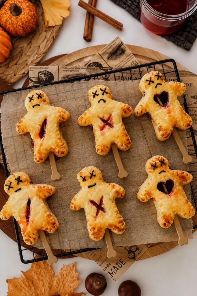 Puff pastry voodoo doll dog treats with berry blood