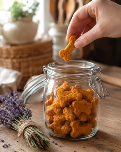 Homemade anxiety dog treats with pumpkin and lavender bone shape