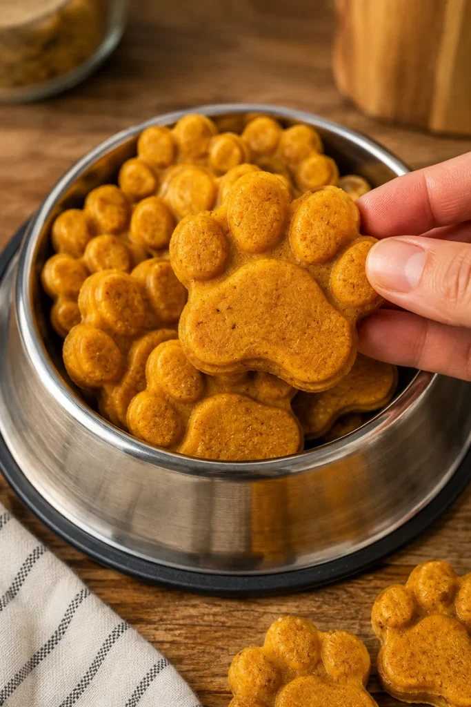Turmeric dog treats recipes shaped like paw prints in a bowl