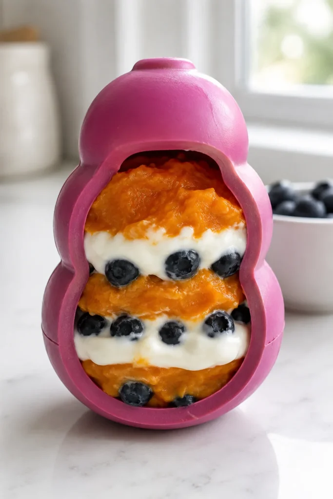 Layered pumpkin yogurt parfait Kong filling for dogs