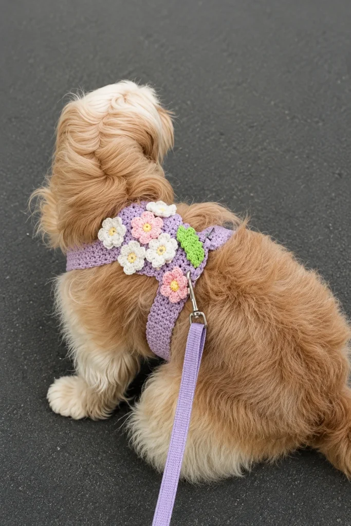 Purple crochet dog harness pattern with 3D floral appliques and leaf accent