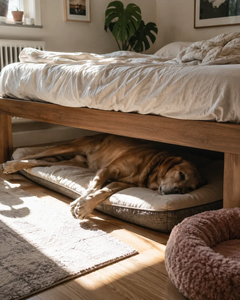 Raised bed frame with a dog resting on a lazy Sunday