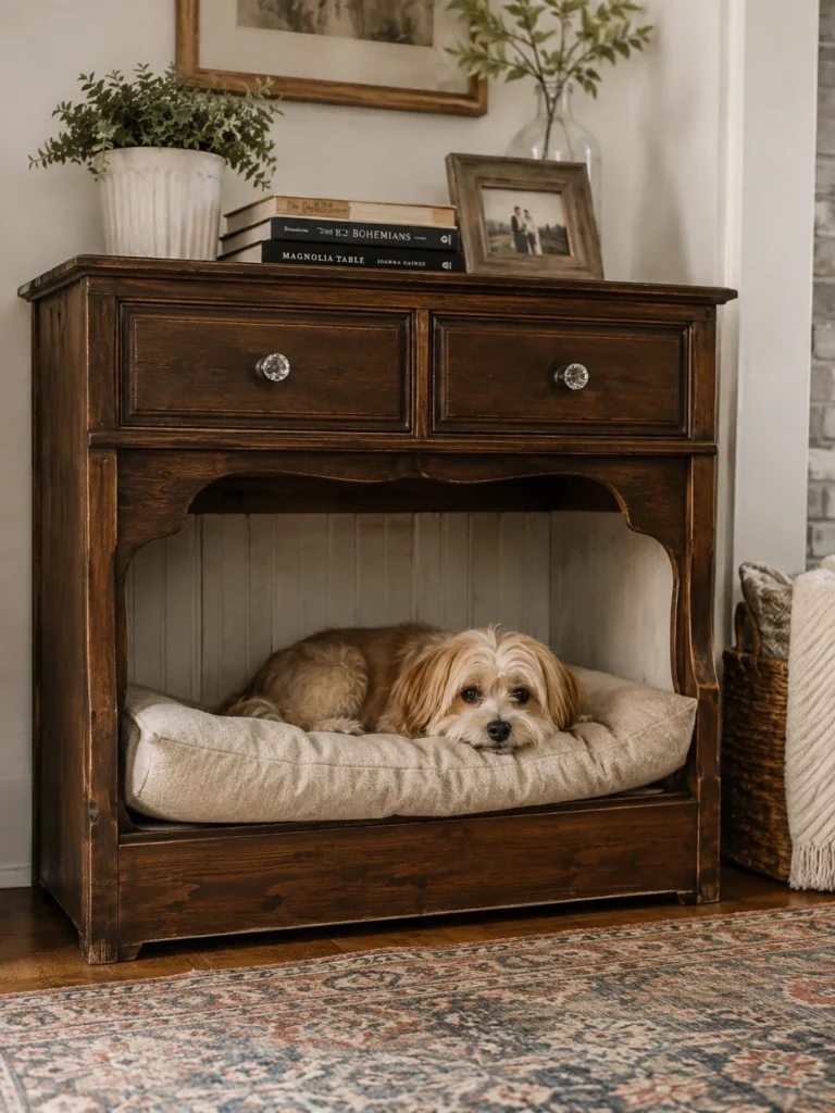 Repurposed dresser used as a DIY dog bed base