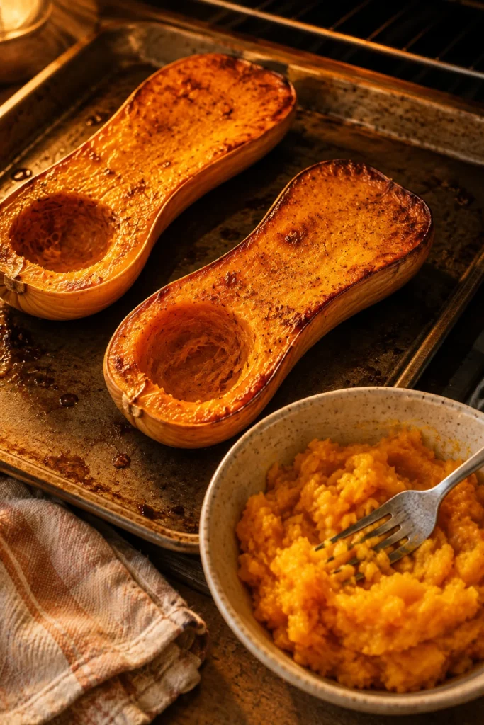 Roasted butternut squash mashed into a simple dog food topper