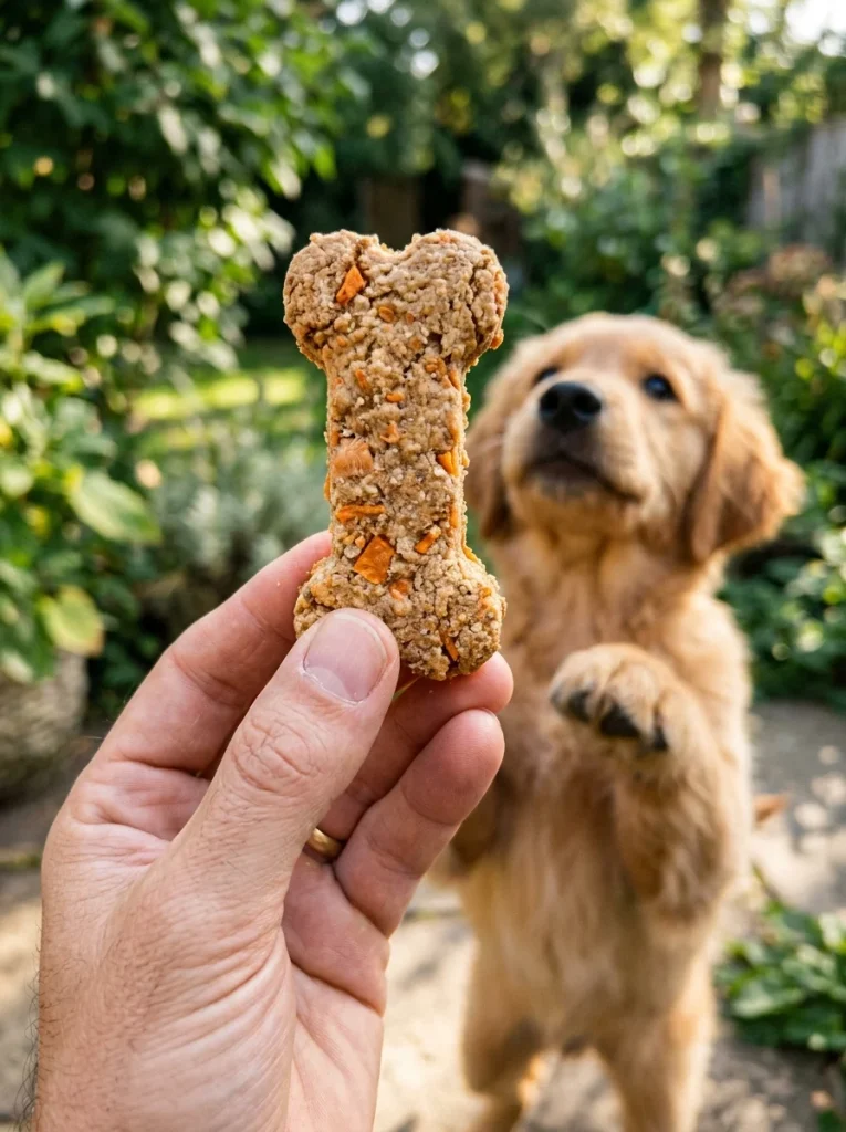 Baked salmon and sweet potato dog treats cooling on a tray