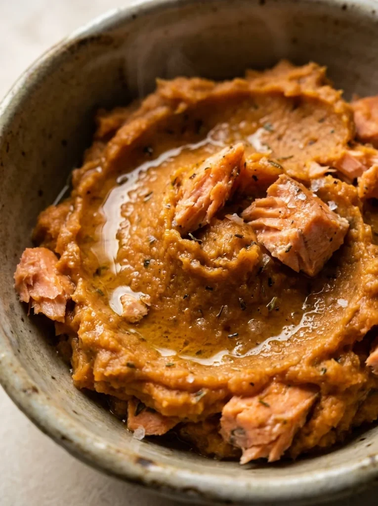 Homemade salmon and sweet potato mash topper for dog food