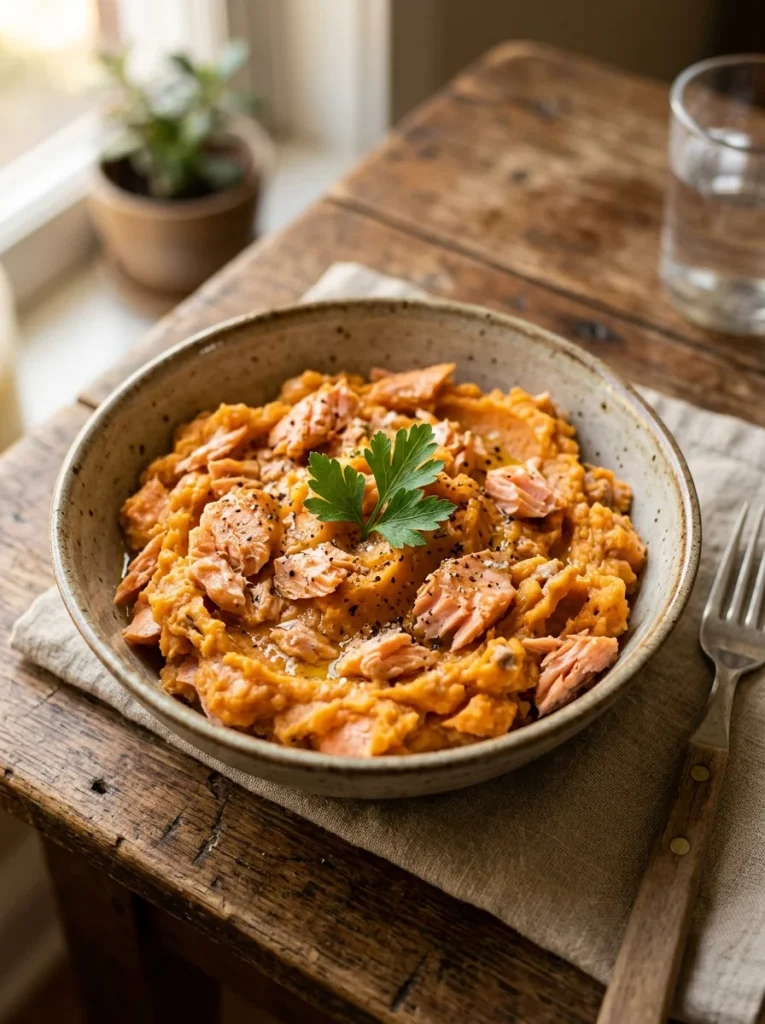 Salmon and sweet potato dog food recipe bowl