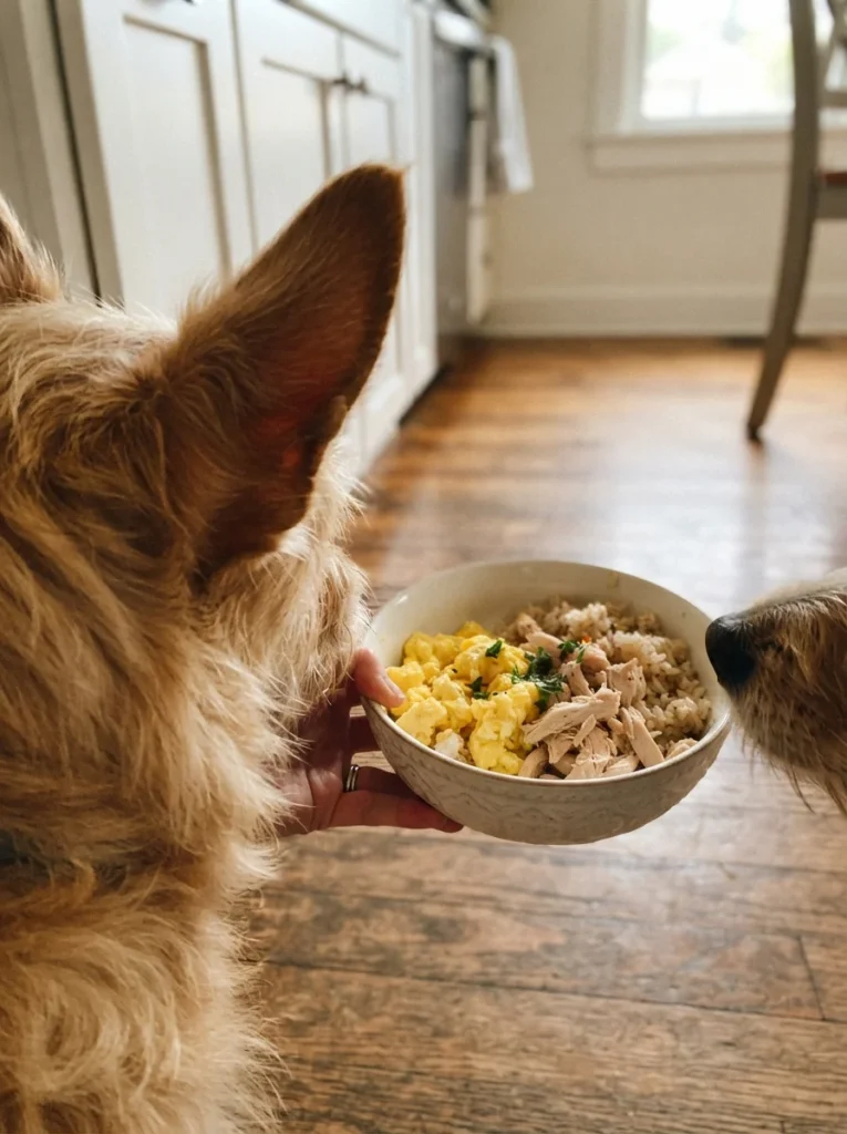 Scrambled egg and chicken dog food bowl